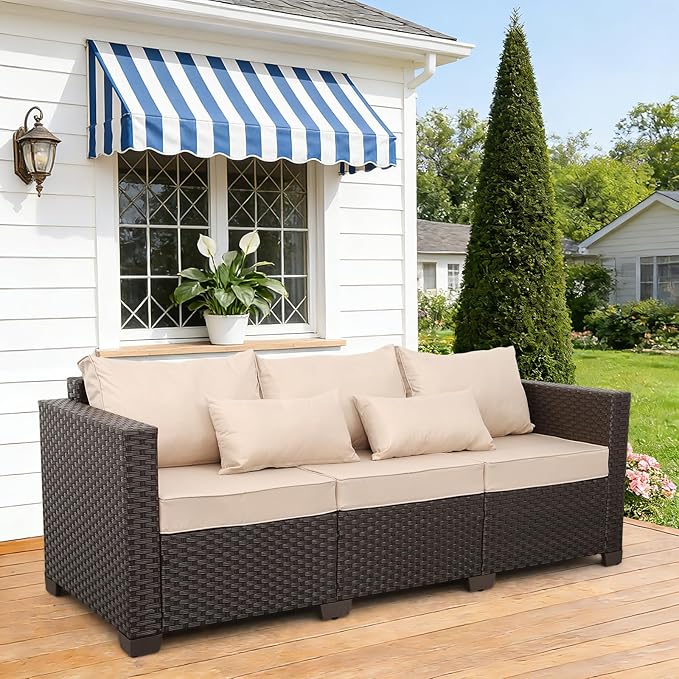 Outdoor Furniture Couch 3 Seater Sofa Outdoor Brown Wicker Sofa Deep Seat Hig...