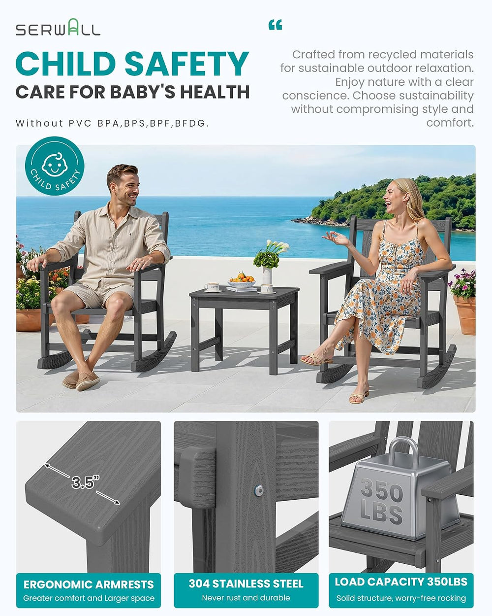 SERWALL 3-Piece Patio Furniture Set with 2 Rocking Chairs & Table, Grey