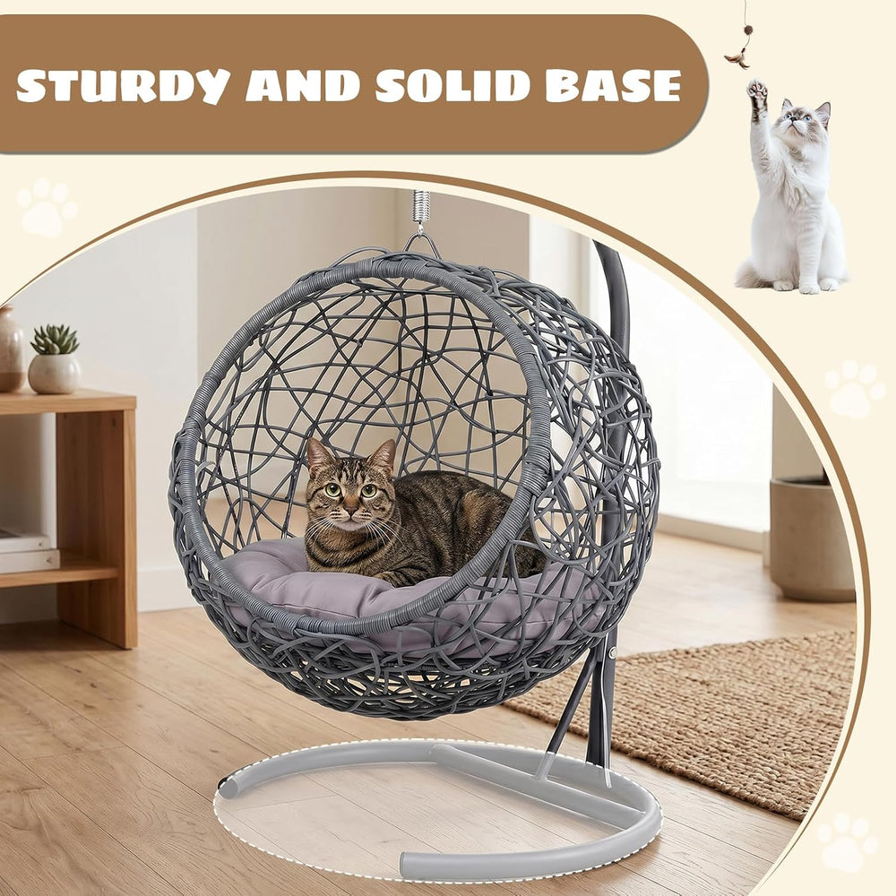Hanging Cat Swing Bed with Stand, Rattan Egg Chair for Cats