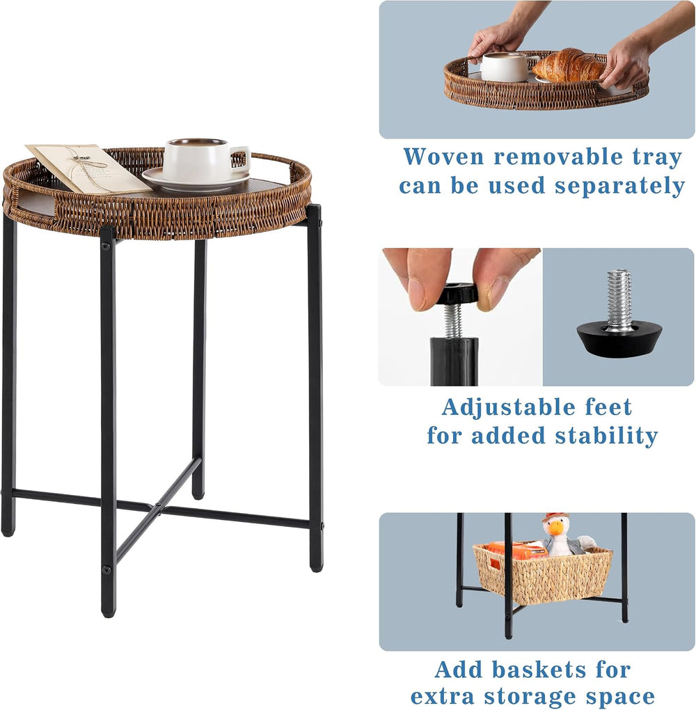 16.5in Round Rattan Side Table with Wooden Top, Small Wicker End Table