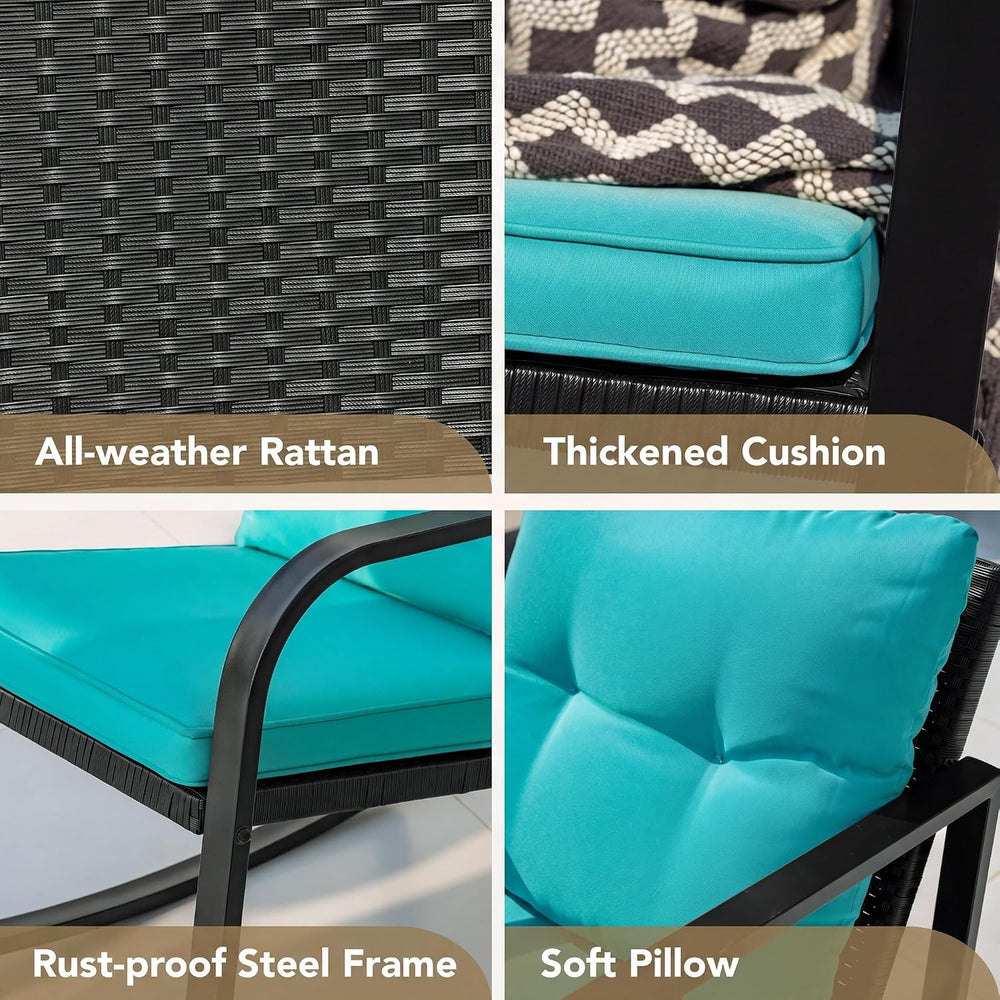 Devoko 3 Pieces Patio Furniture Set Wicker Outdoor Rocking Chair, Blue