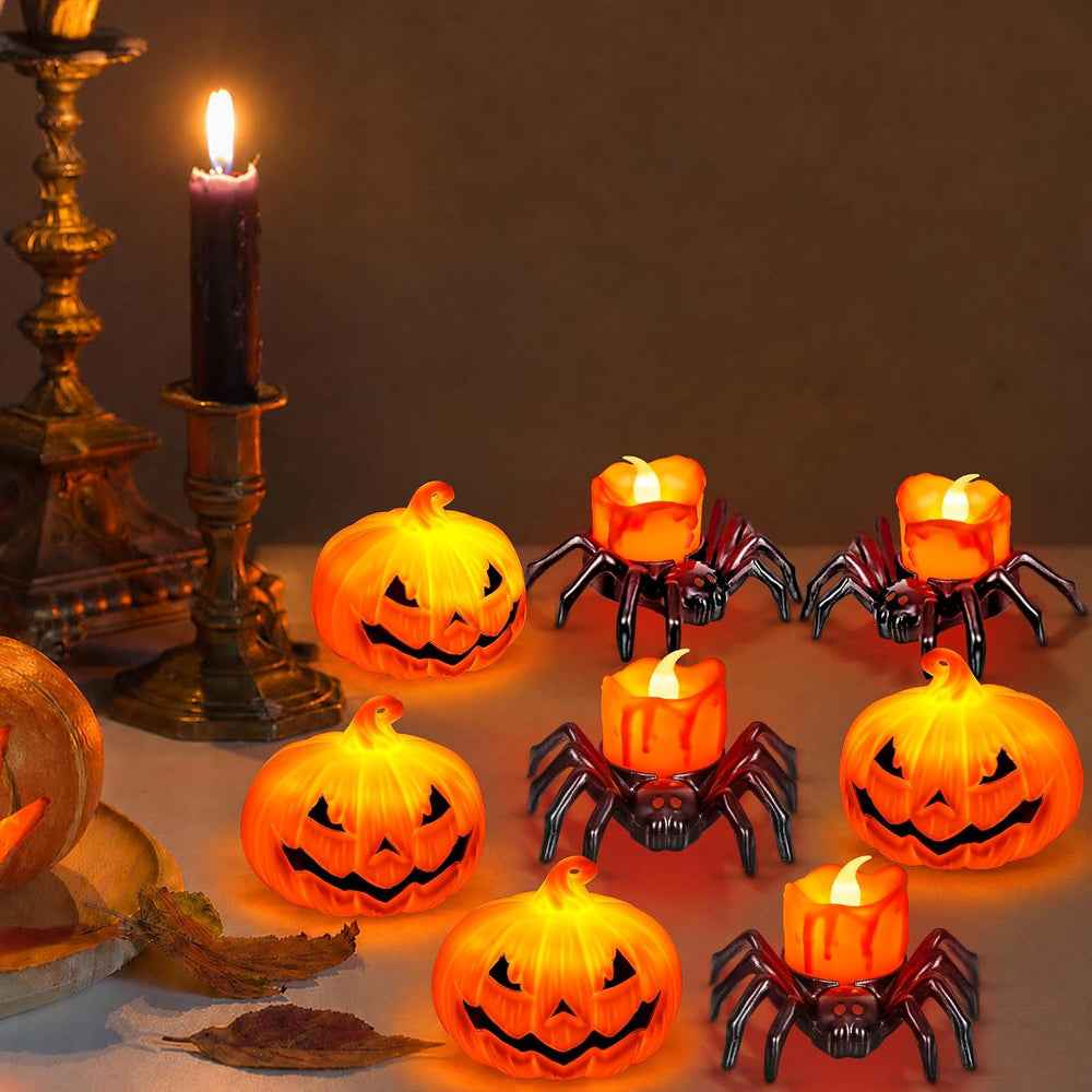 8 PCS Halloween Spider Pumpkin Candles, Battery Operated Halloween Tea Lights...