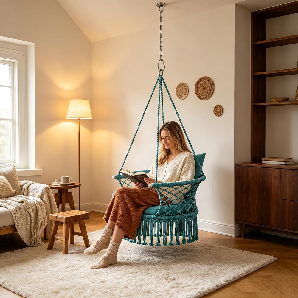 Athena Collection Macrame Hammock Chair with Mounting Hardware Kit, Green