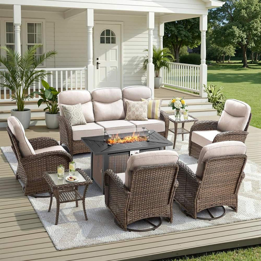 8 Pieces Luxury Patio Furniture Set with 42.5" Fire Pit Table, 6-Inch Th...
