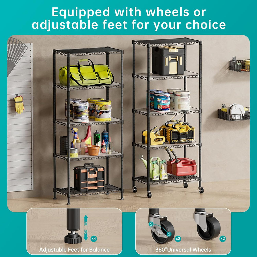 5 Shelves Storage Wire Shelf Closet Metal Shelving Pantry Wheels