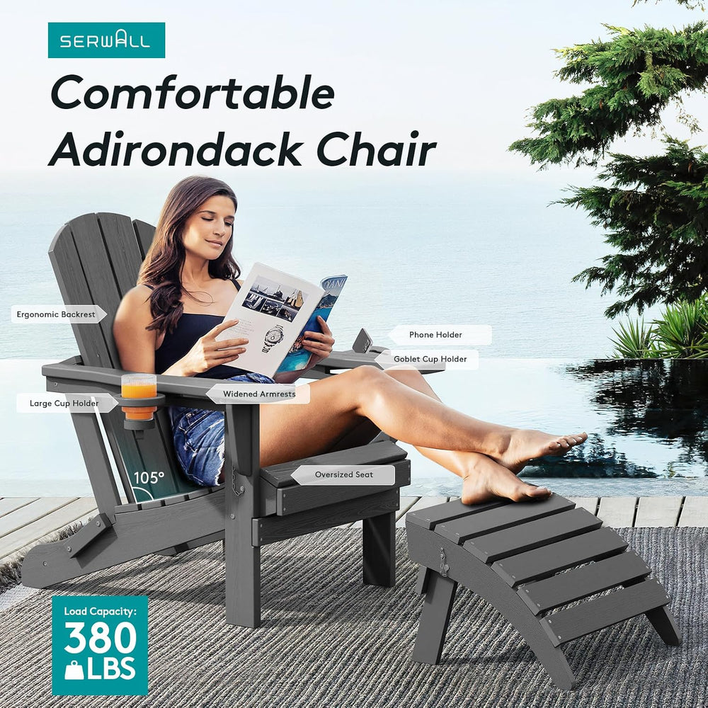 SERWALL Outdoor Adirondack Chairs with 2 Cup Holders,Foldable,Gray