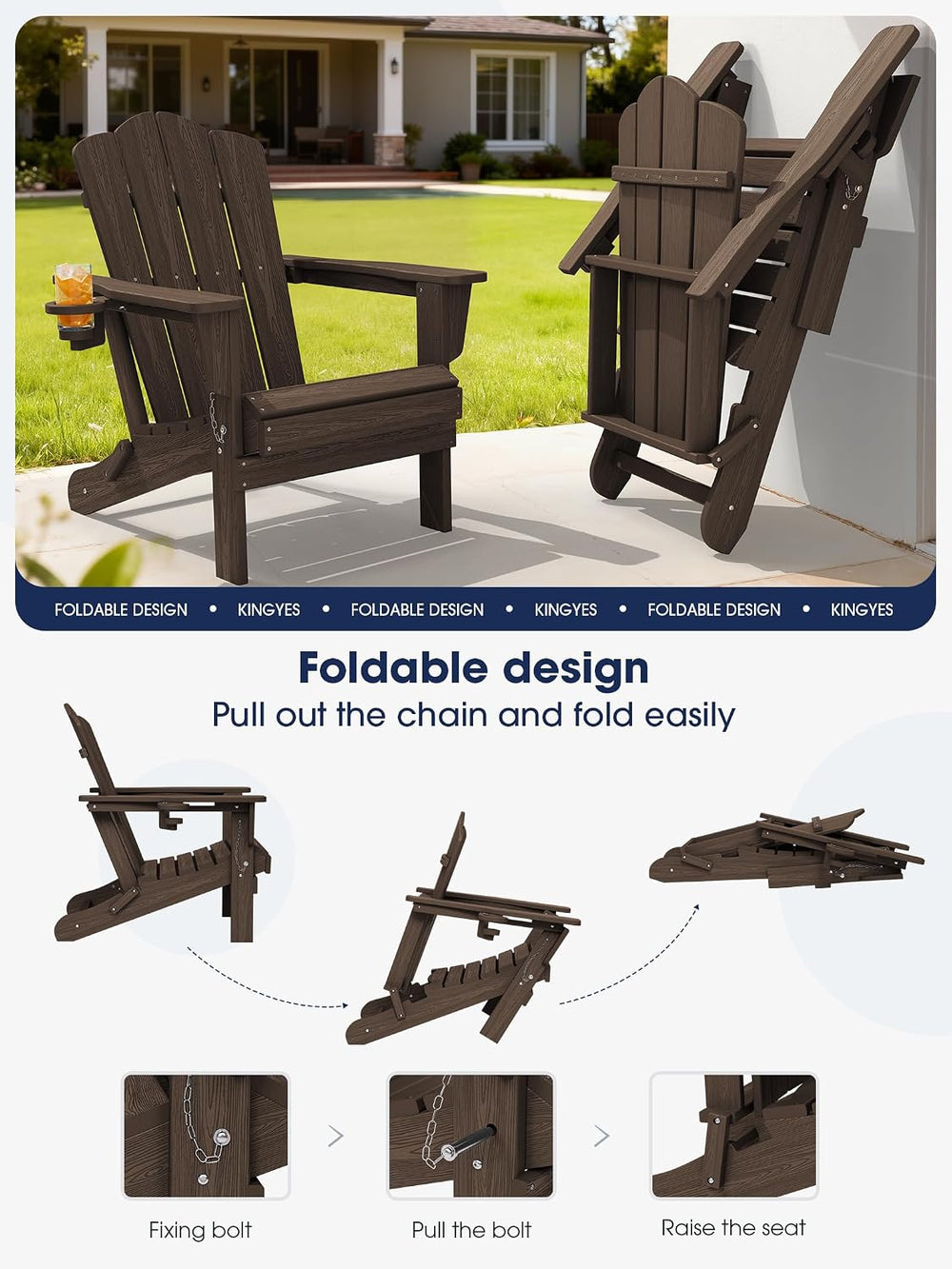 Folding Adirondack Chair Set of 4 with Cup Holder, Coffee