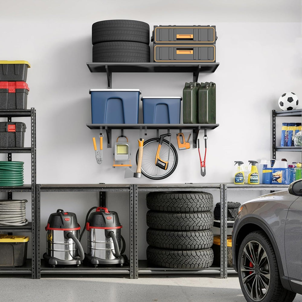 Jusgym 2 Pack Garage Shelving Wall Mounted with 8 Hooks, 2x4ft, 500lbs