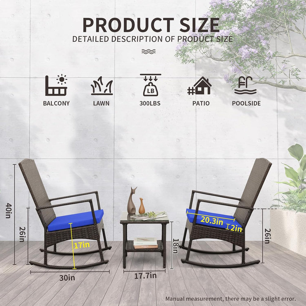 Outdoor Wicker Rocking Chair 3 Piece Porch Chairs Patio Bistro Set PE Rattan ...
