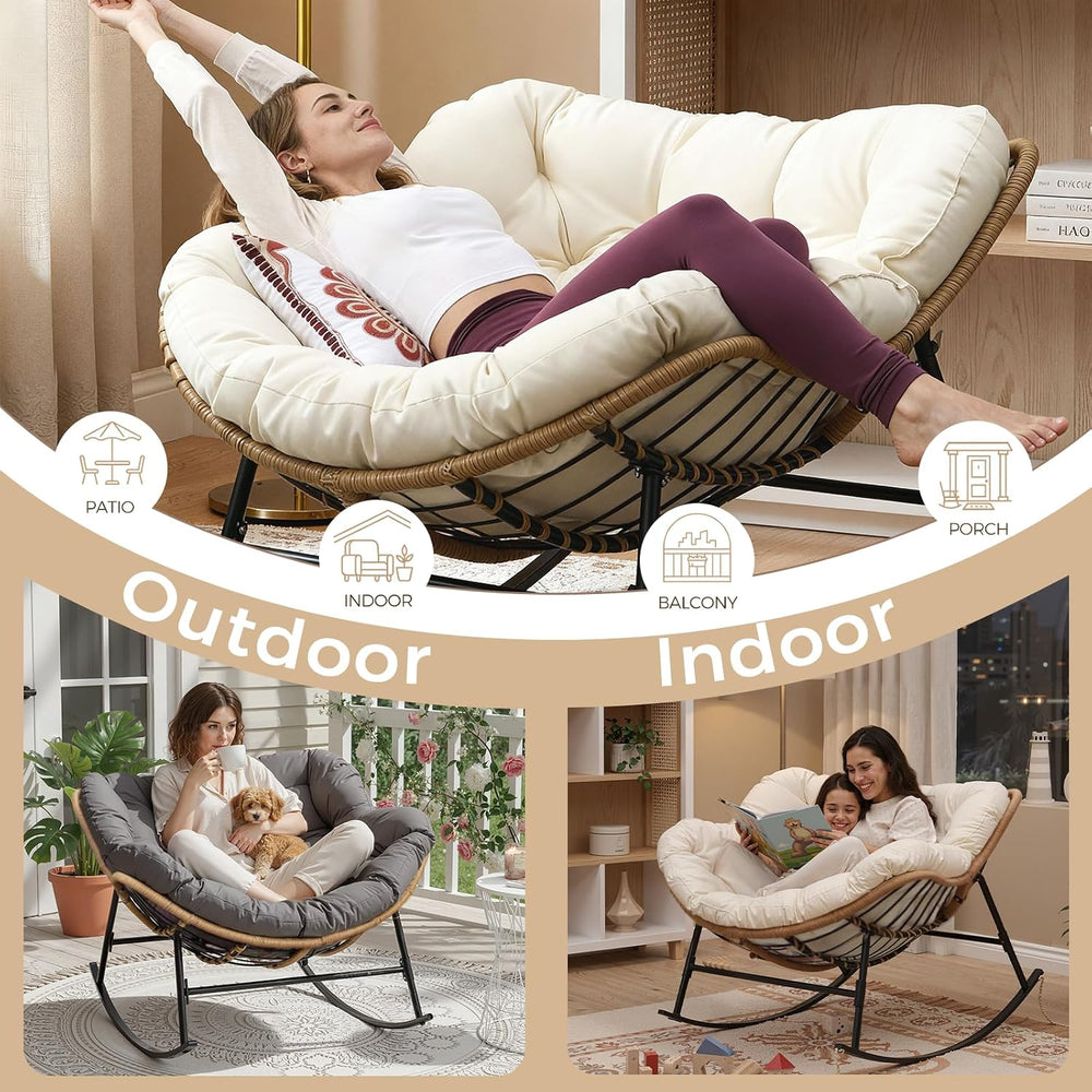 FINCATI Outdoor Indoor Papasan Rocking Chair, Oversized Rattan Lounge Chair