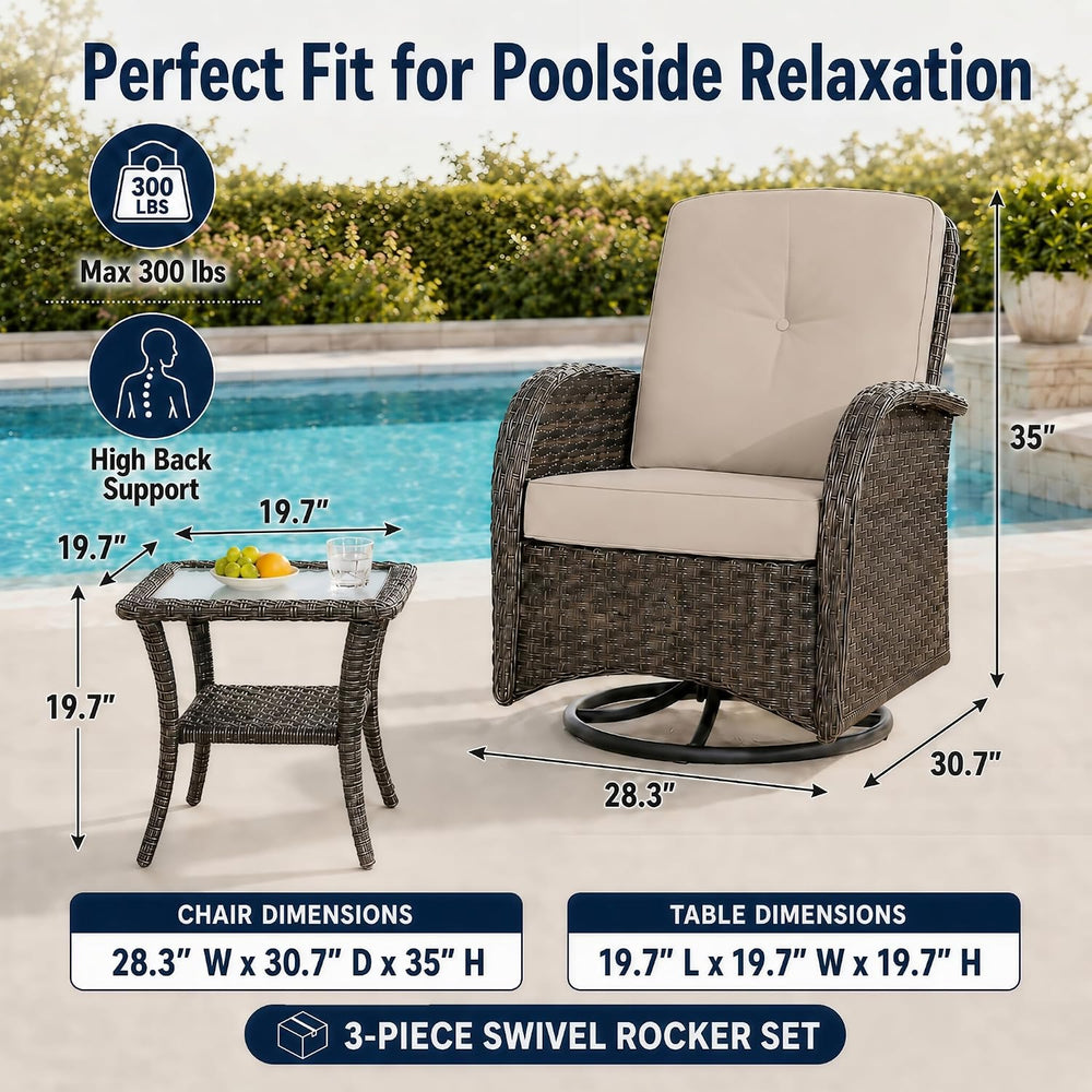 3 Piece Wicker Patio Swivel Rocker Set with Table, Brown/Beige