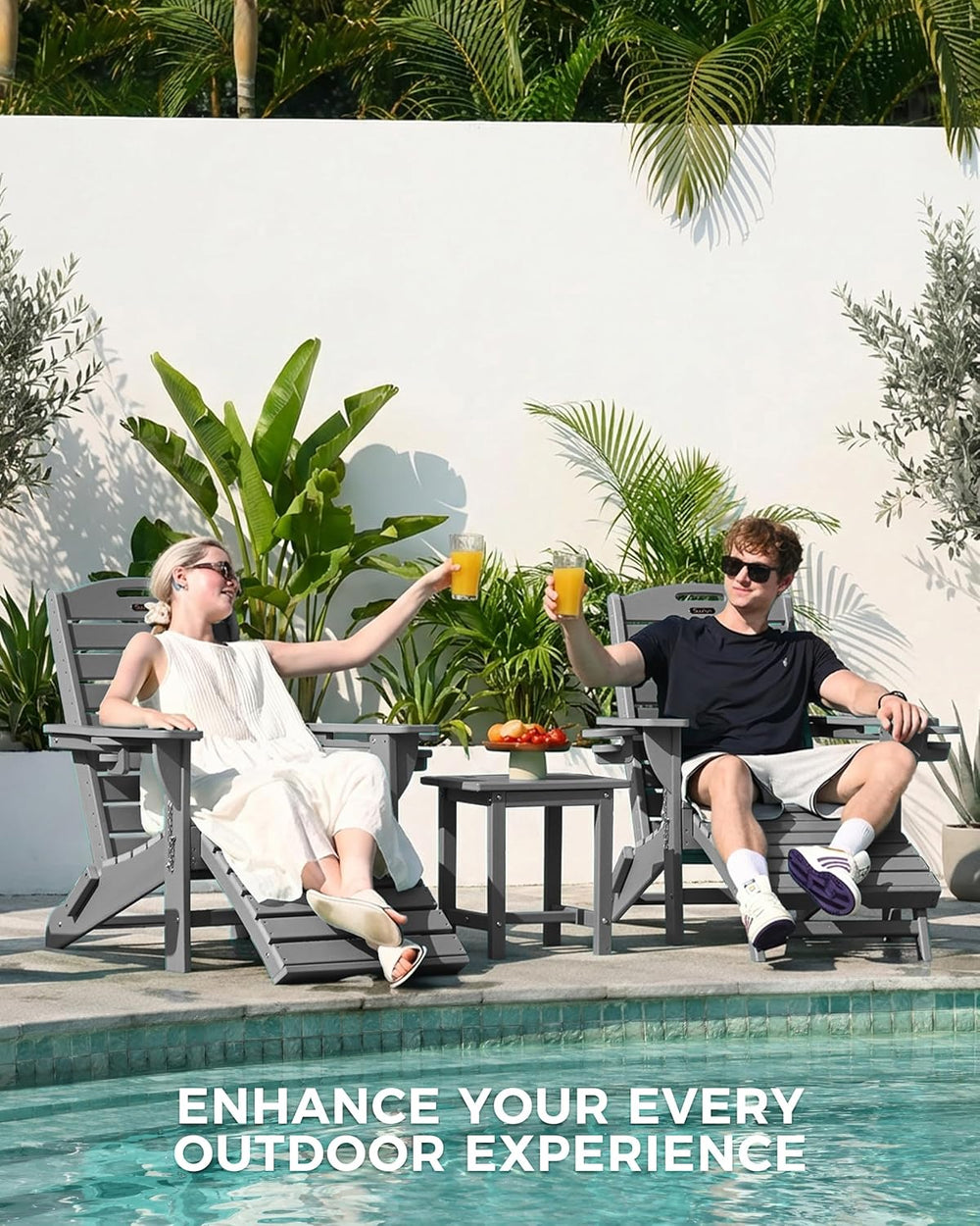Adjustable Adirondack Chairs with Retractable Ottoman, HDPE Folding Adirondac...