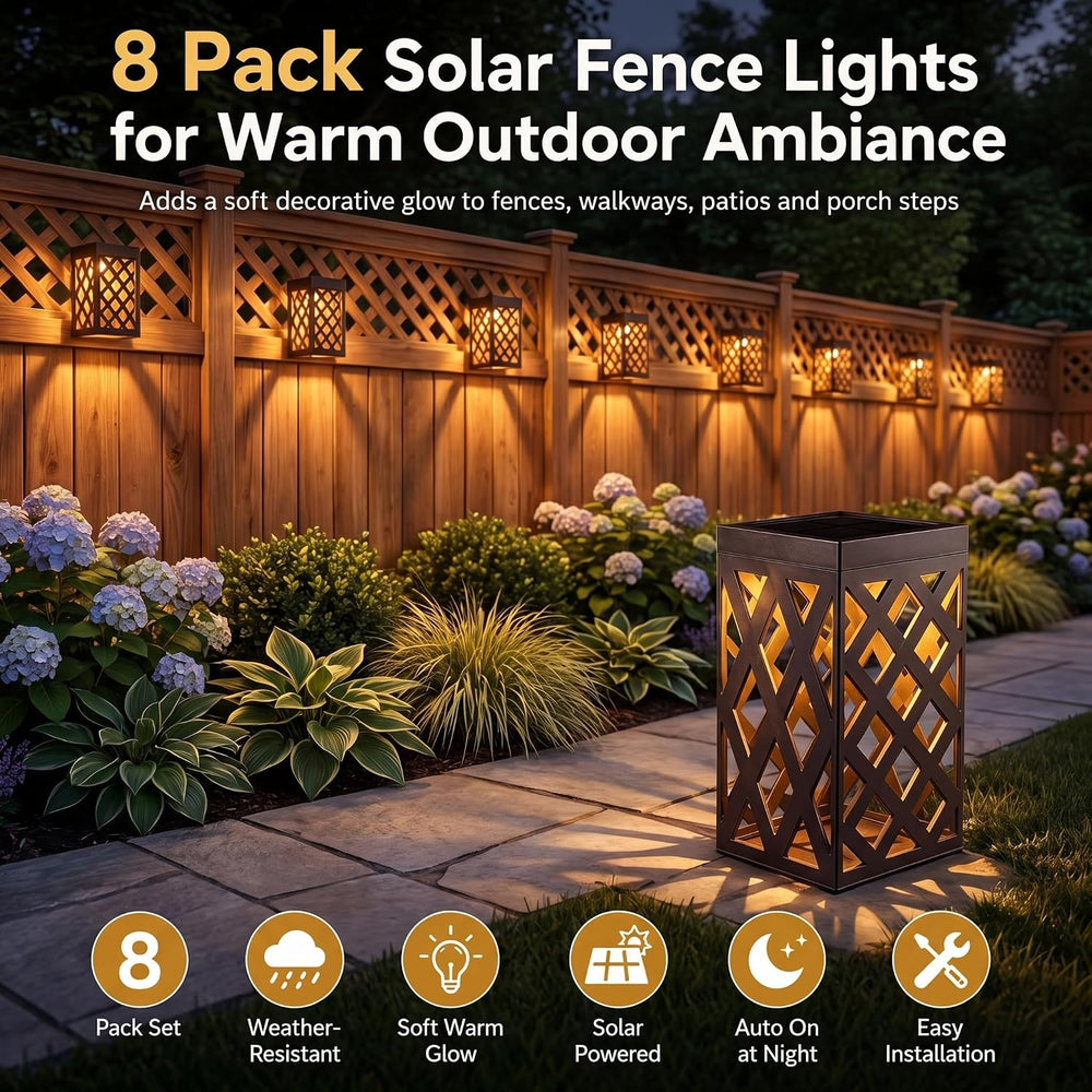 Solar Fence Lights Outdoor, 8 Pack Decorative Solar Lights with Warm Glow