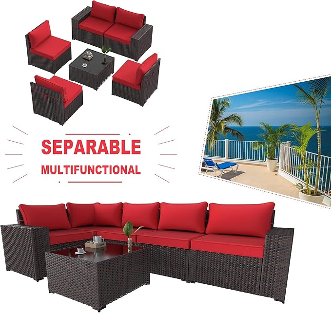 Kullavik 6PCS Outdoor Patio Furniture Set PE Wicker Rattan Sectional Sofa Pat...