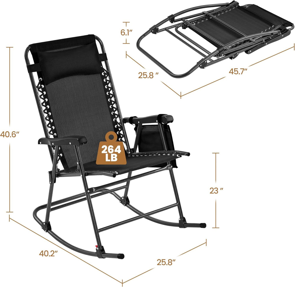Yaheetech Patio Rocking Chair Folding Camping Chair with Pocket, Black