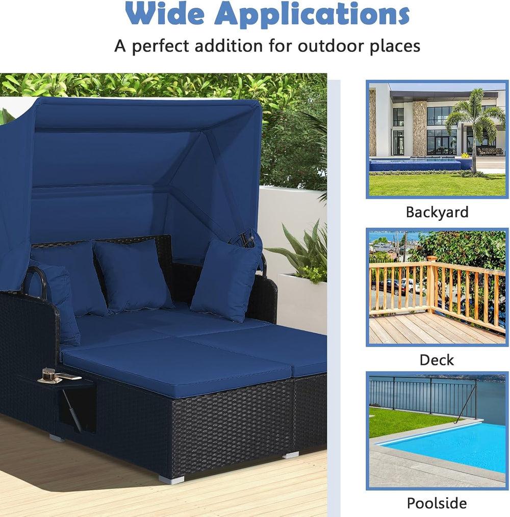 Tangkula Patio Rattan Daybed with Retractable Canopy, Outdoor Wicker Sunbed L...