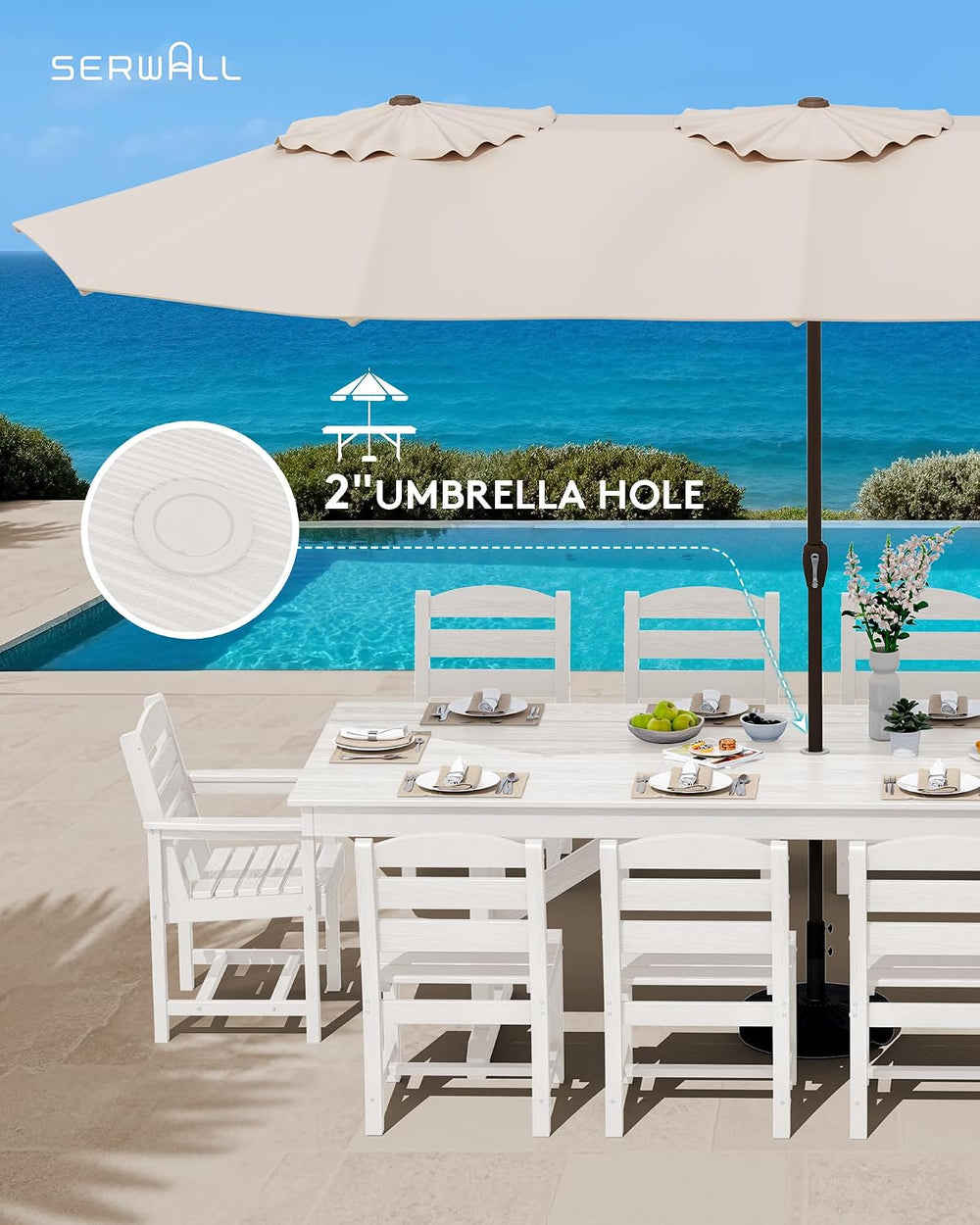SERWALL 10Pcs 84" HDPE Outdoor Dining Set w/Armchairs & Umbrella,White