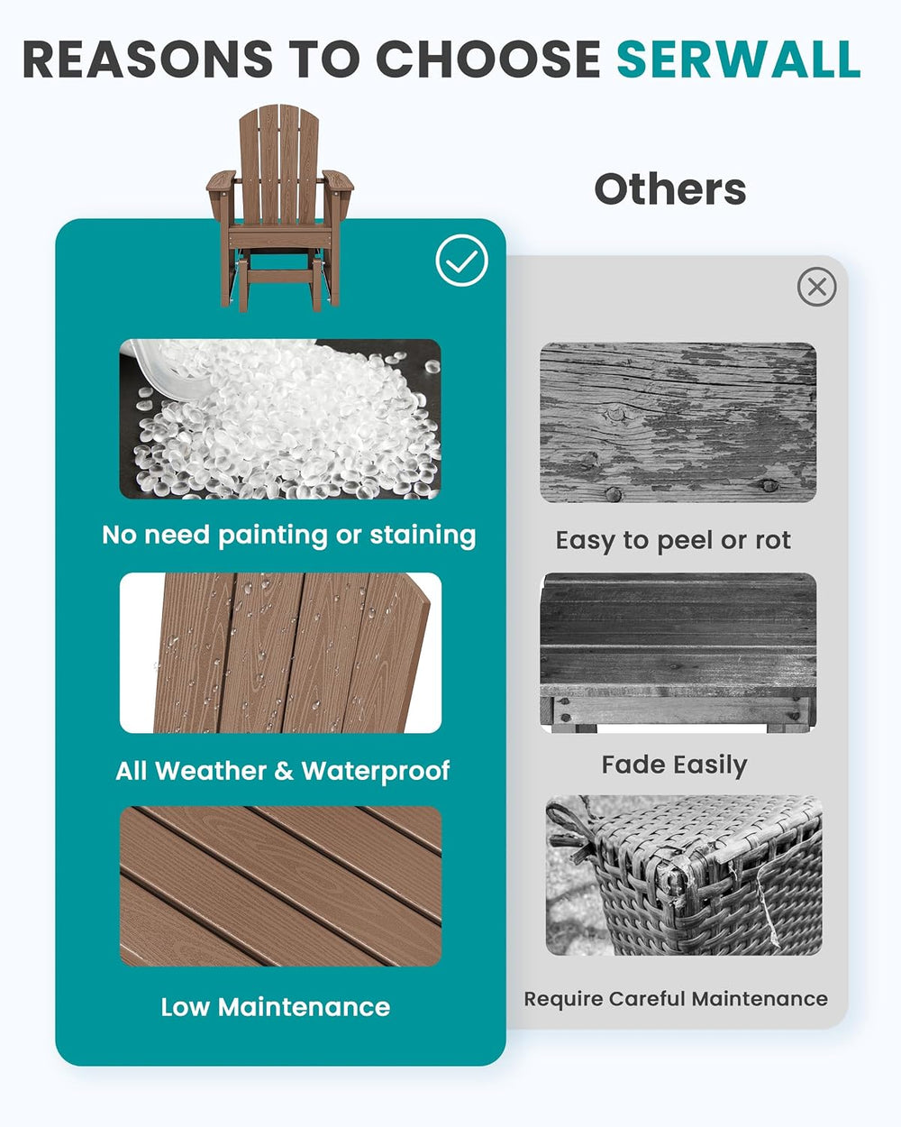 SERWALL HDPE Outdoor Glider, All-Weather Patio Glider Rocker