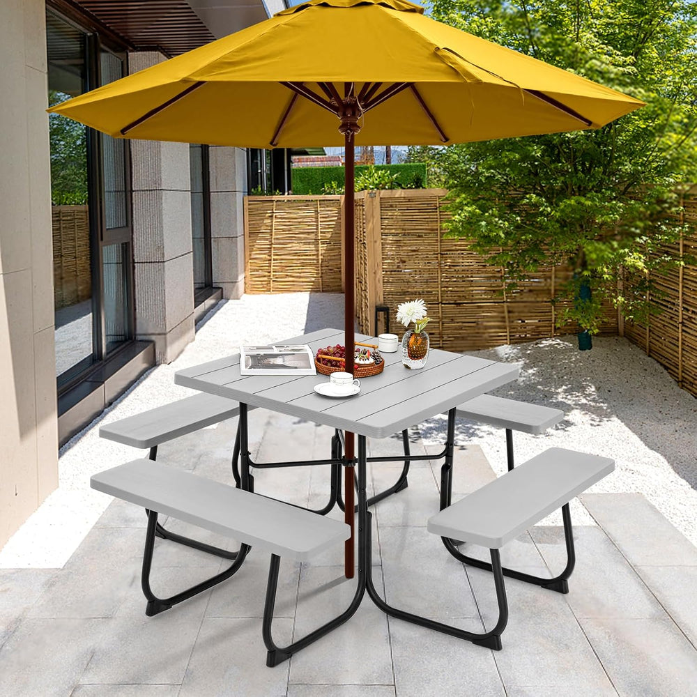 Tangkula 8 Person Square Picnic Table with 4 Built-in Benches, Grey
