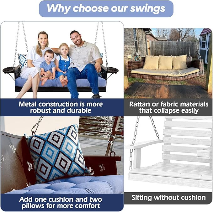3-Seat Metal Porch Swing 900 LBS Heavy Duty Hanging Bench with Upgraded Tray ...