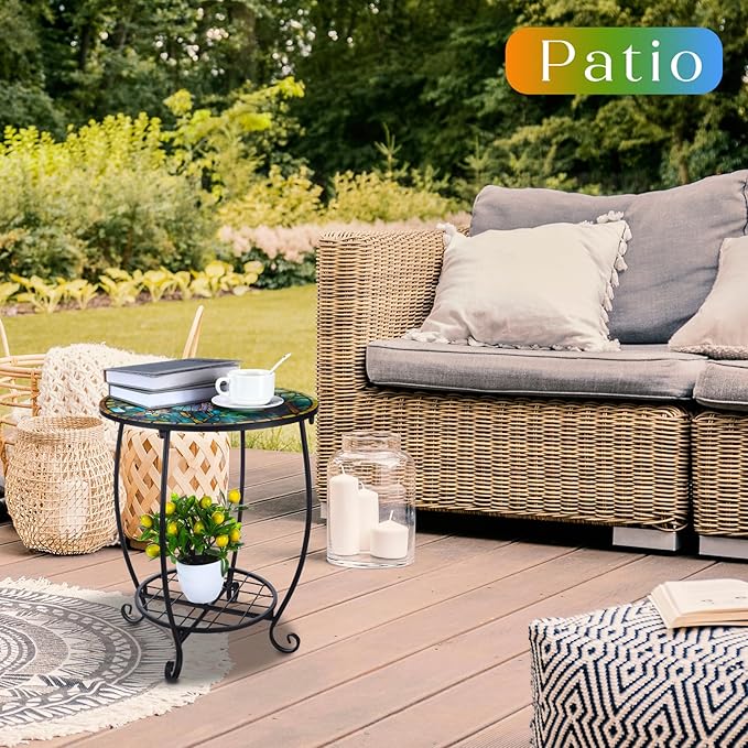 Outdoor Side Table Round Small Mosaic Patio Accent Indoor End Plant Coffee Te...