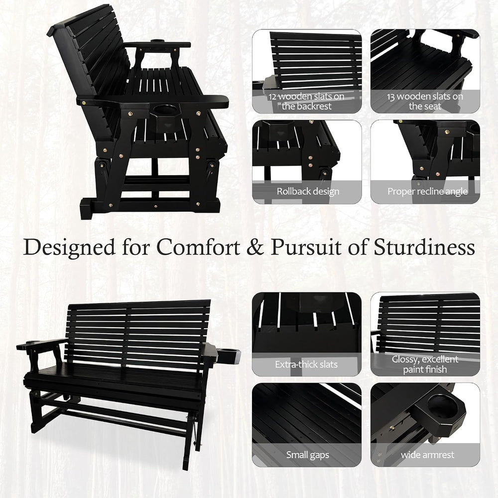 Fortune Candy Patio Glider with Cup Holders, Matte Black, 2-Seater