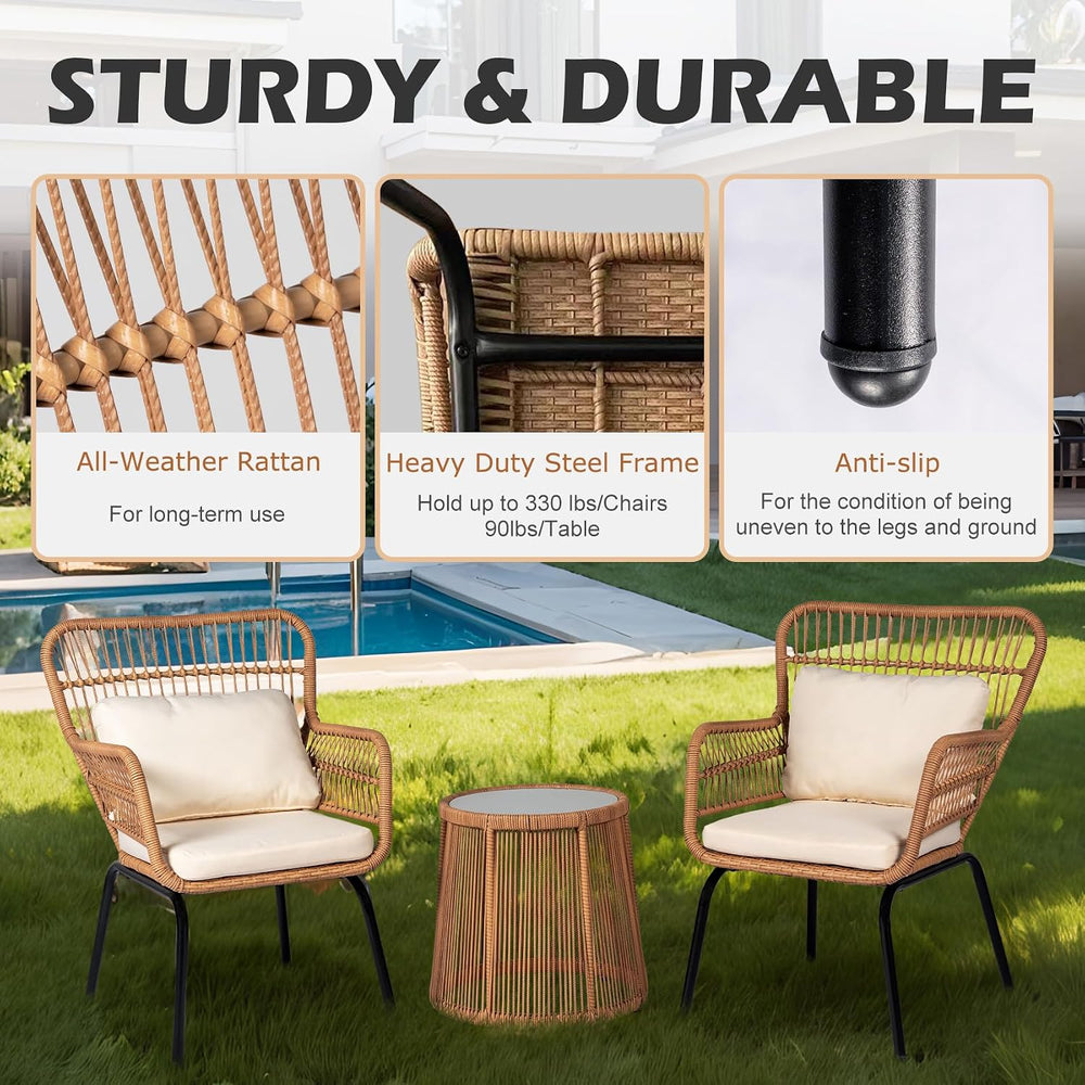 3 Piece Outdoor Wicker Furniture Bistro Set, Rattan Chairs Conversation Sets ...