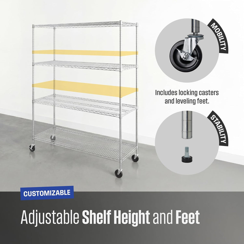 SafeRacks 4-Tier Wire Shelving with Wheels, NSF Heavy Duty 60x18x72 Rack