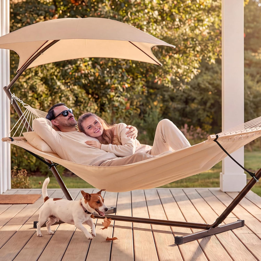Portable Outdoor Hammock with Stand, Sun-Protective Canopy, Beige