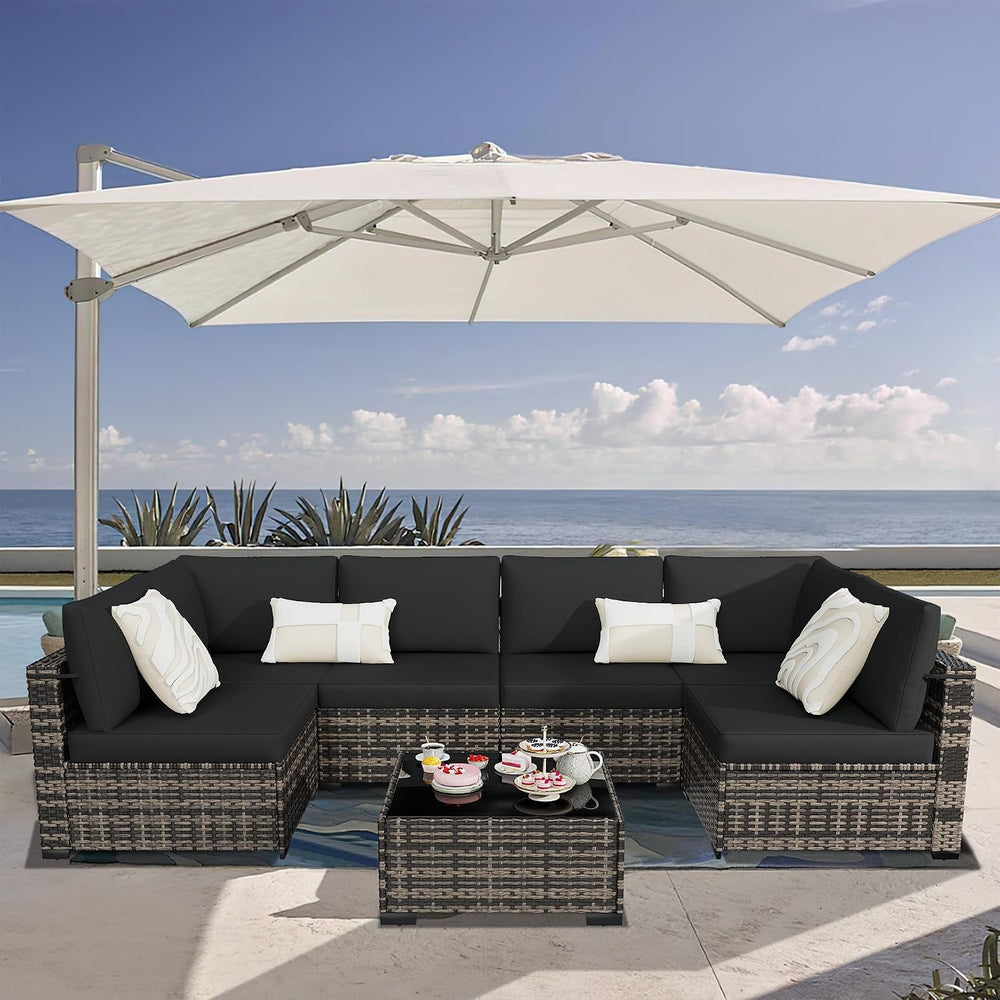 KIGOTY 7-Piece Patio Furniture Set, All-Weather PE Rattan Outdoor Sectional S...