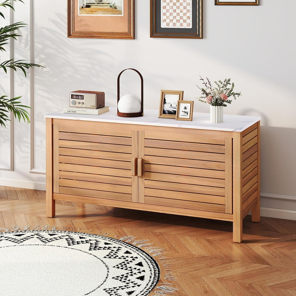 Goplus Patio Storage Cabinet, 2-Door Acacia Wood Console Table with Faux Marb...