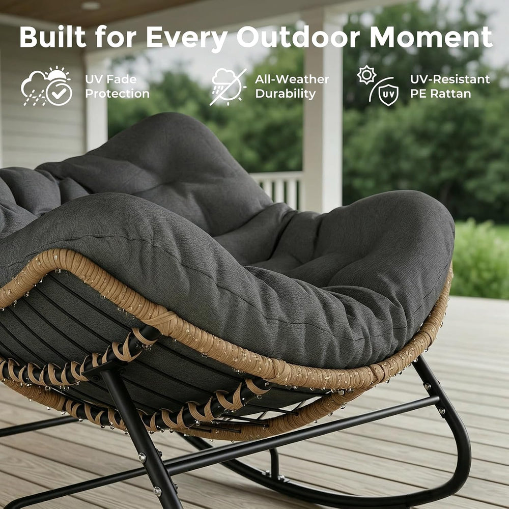 Papasan Outdoor Rocking Chair with Thick Cushion, Gray