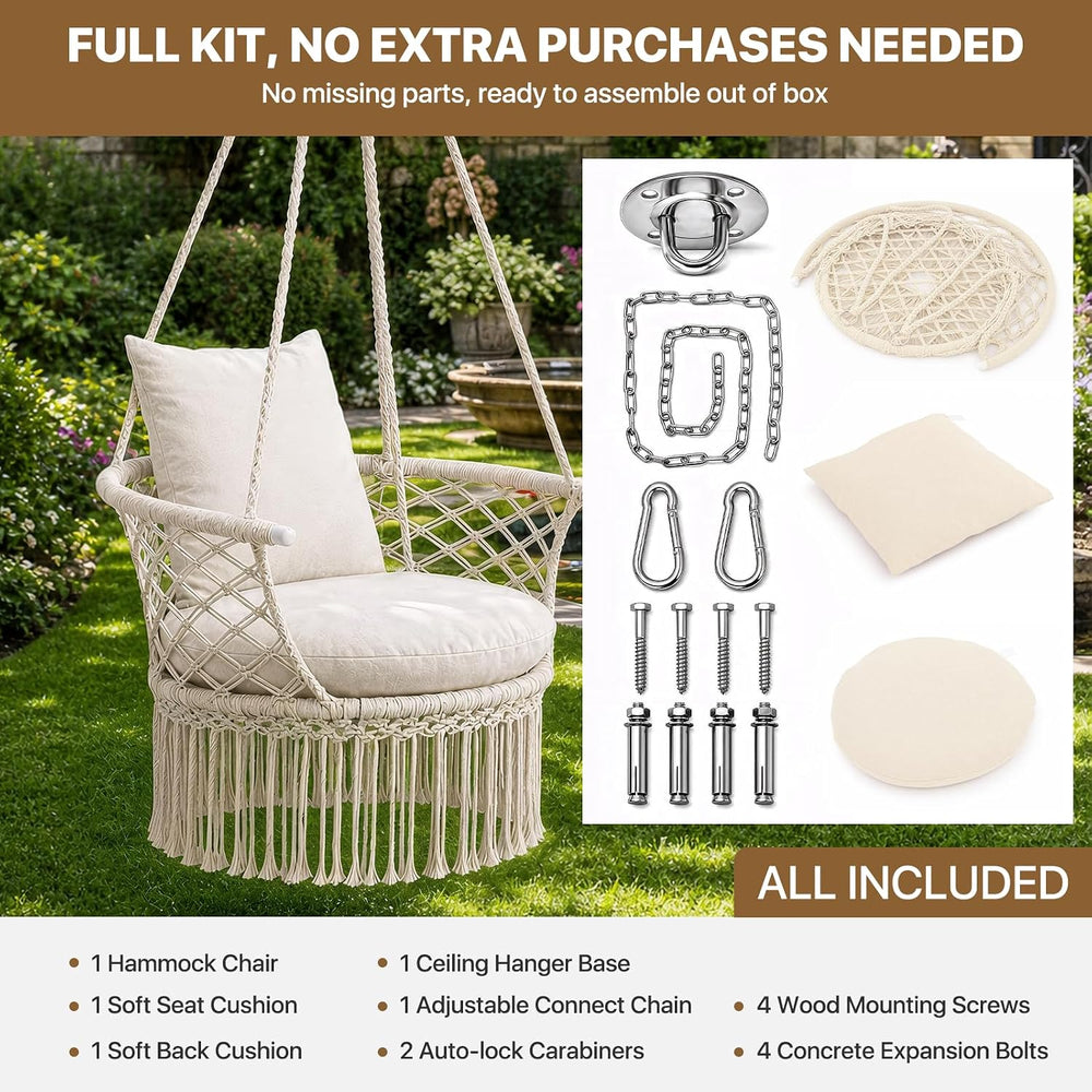 Athena Collection Macrame Hammock Chair with Mounting Hardware Kit, Beige