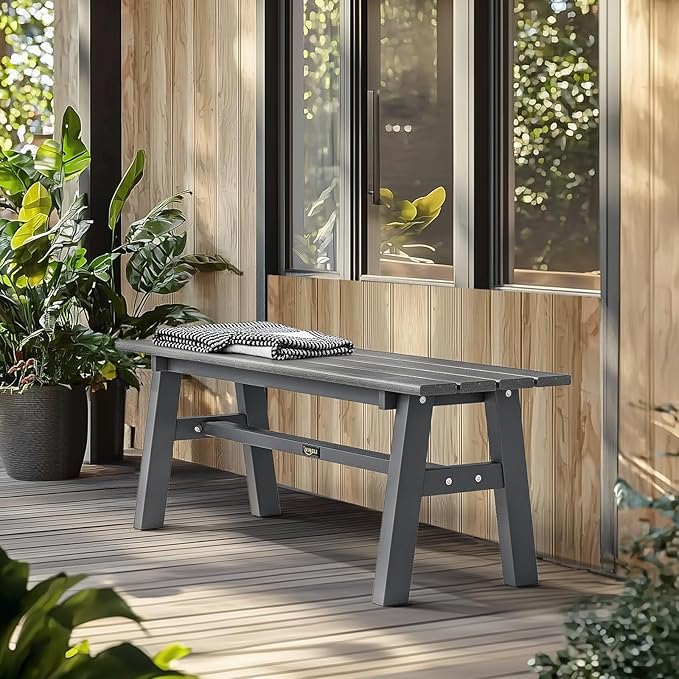 VINGLI 47” Outdoor Bench Garden Bench HDPE Porch Bench w/Metal Legs, Poly Lum...