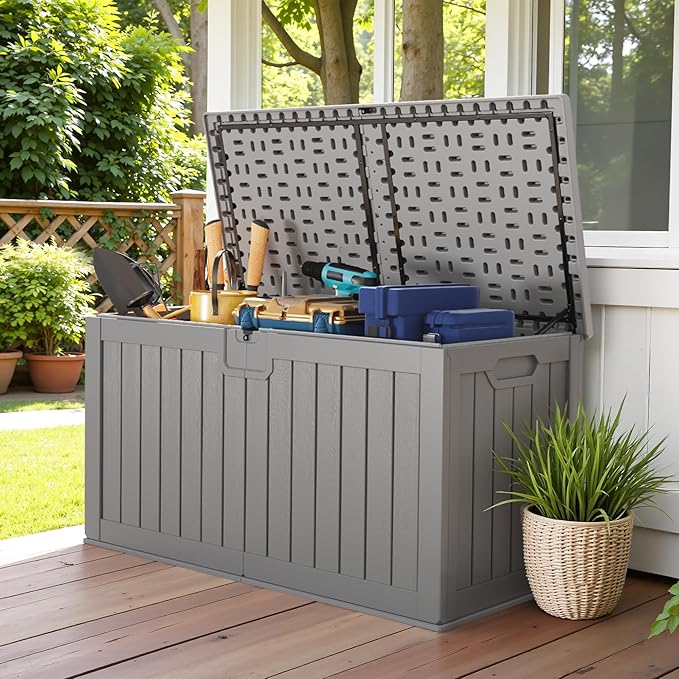 Devoko 240 Gallon Double-Wall Deck Box with Divider, Side Handles, Resin Outd...