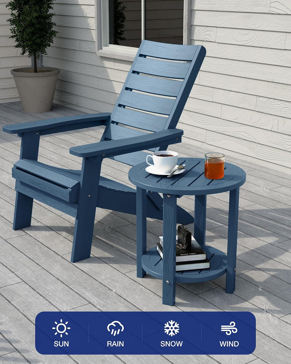 YEFU Adirondack Side Table, 16in Round, 2-Tier Storage End Table, Navy