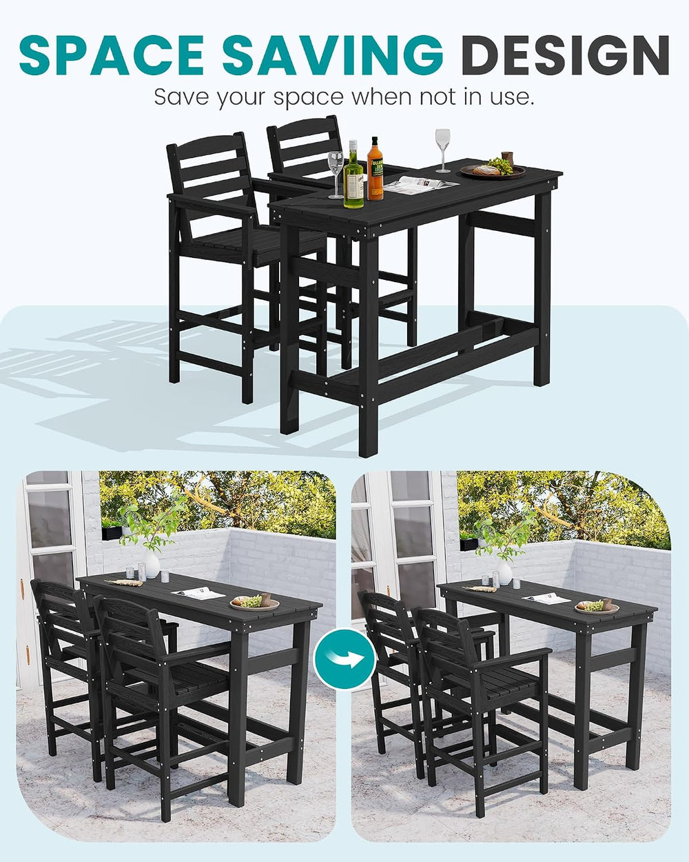 SERWALL Outdoor Bar Set, 2 Adirondack Bar Chairs & Bar Height Table, Black