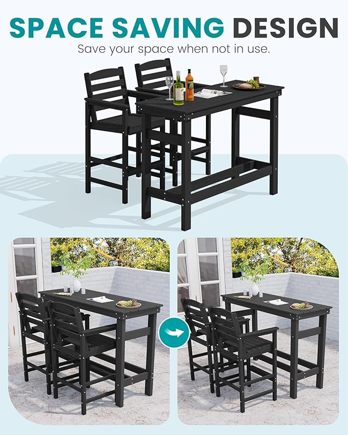 SERWALL Outdoor Bar Set - 4 Adirondack Bar Chairs & Bar Height Table with...