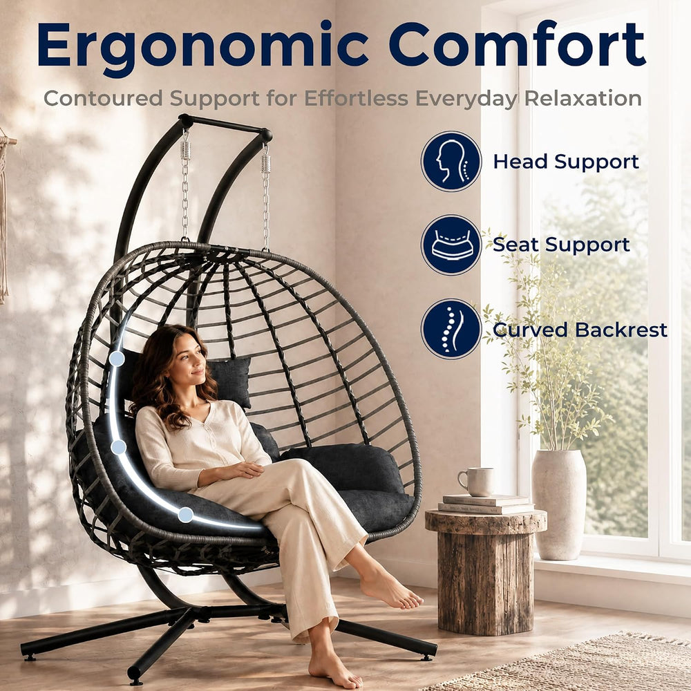 SWITTE Double Egg Chair Outdoor with Stand, Patio Hanging Swing, Grey