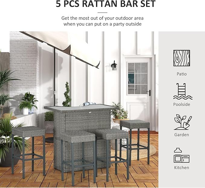 Outsunny 5 Piece Wicker Outdoor Bar Set, High Top Outdoor Table and Chairs, B...