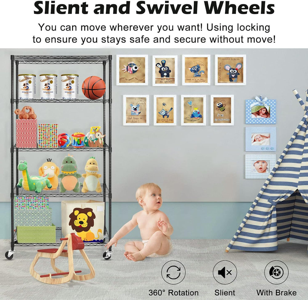 WDT 5 Tier Shelf Shelving Unit with Wheels,Adjustable Metal Shelves for Stora...