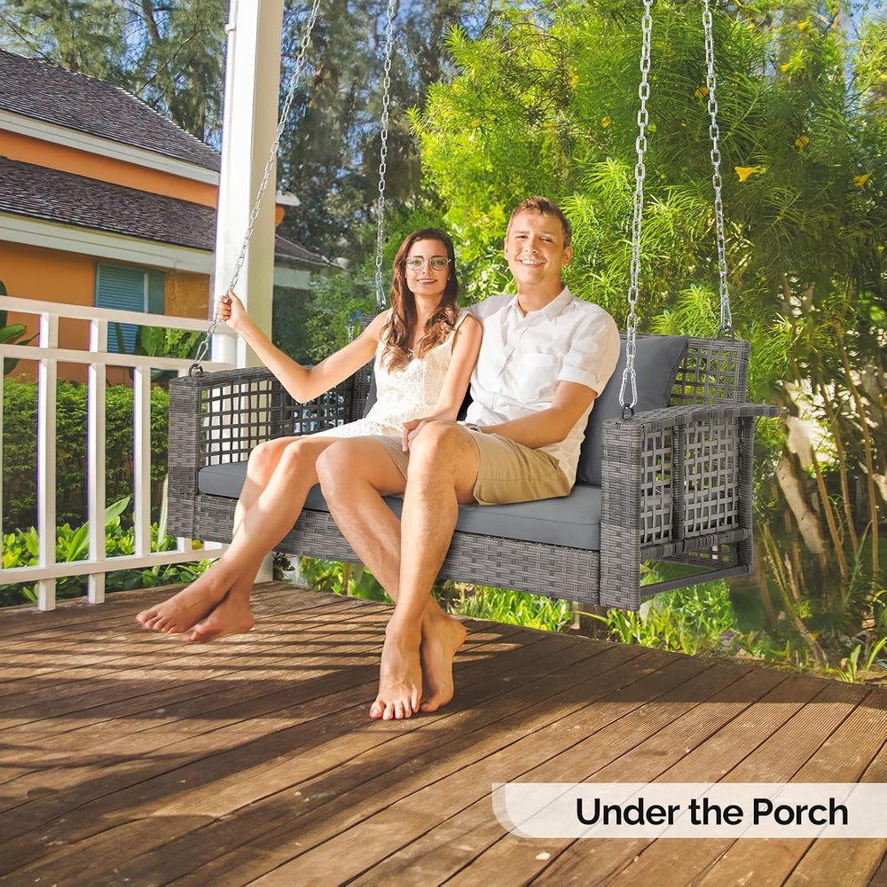VINGLI 4FT Rattan Swing Bench, Outdoor Wicker Hanging Porch Swing (Grey)