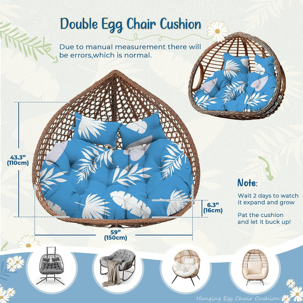 Double Egg Chair Cushion Replacement 59x43 Inch Waterproof Blue Leaf