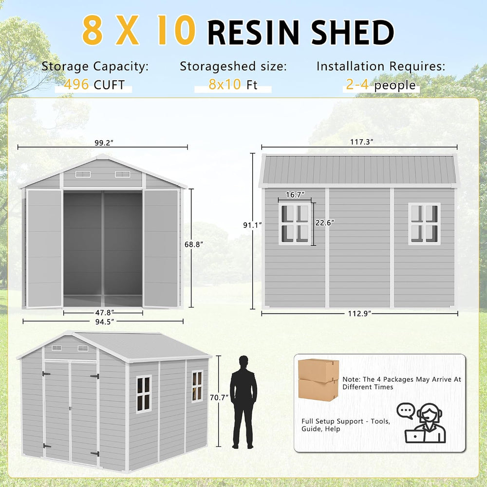PIPLEO 8x10 FT Resin Outdoor Storage Shed with Floor