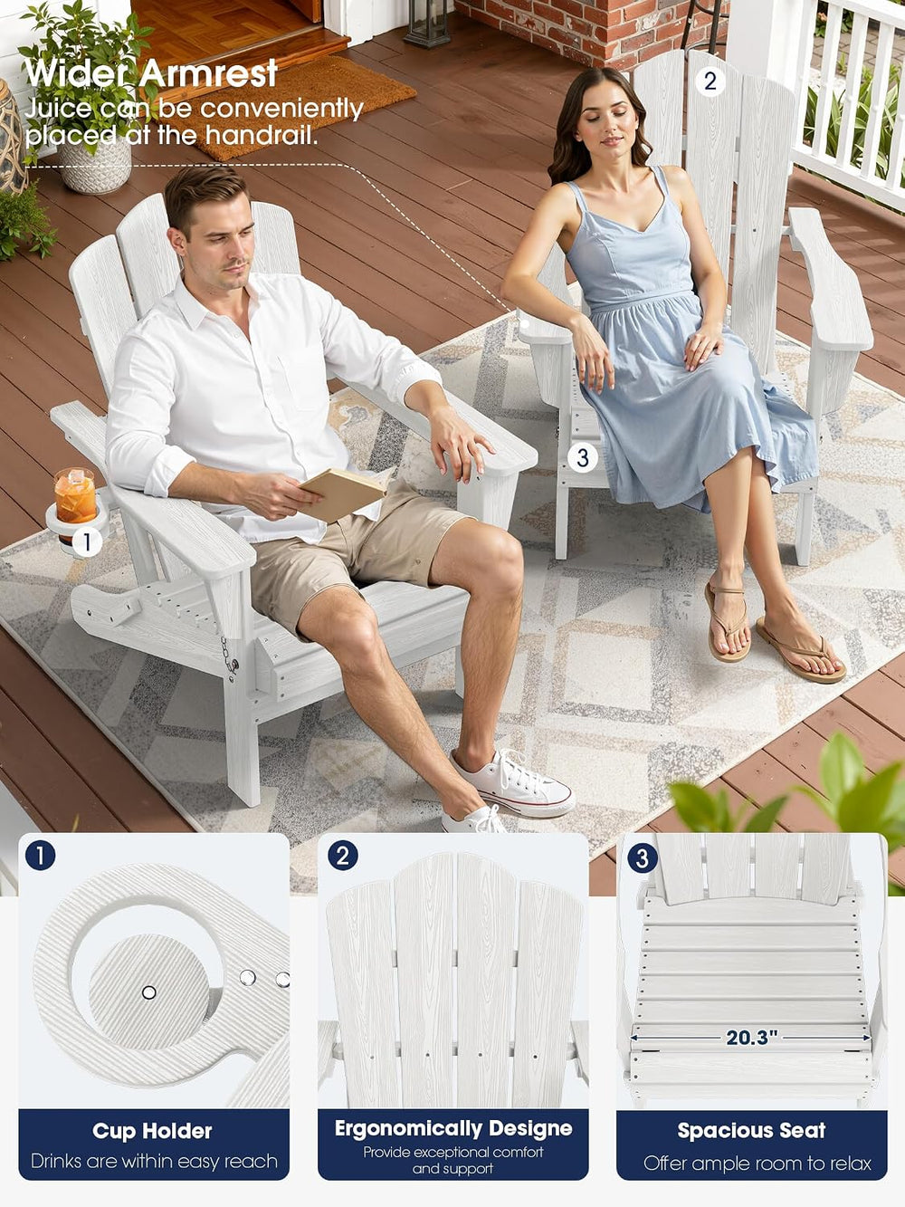 KINGYES Folding Adirondack Chair Set of 2 with Cup Holder, White
