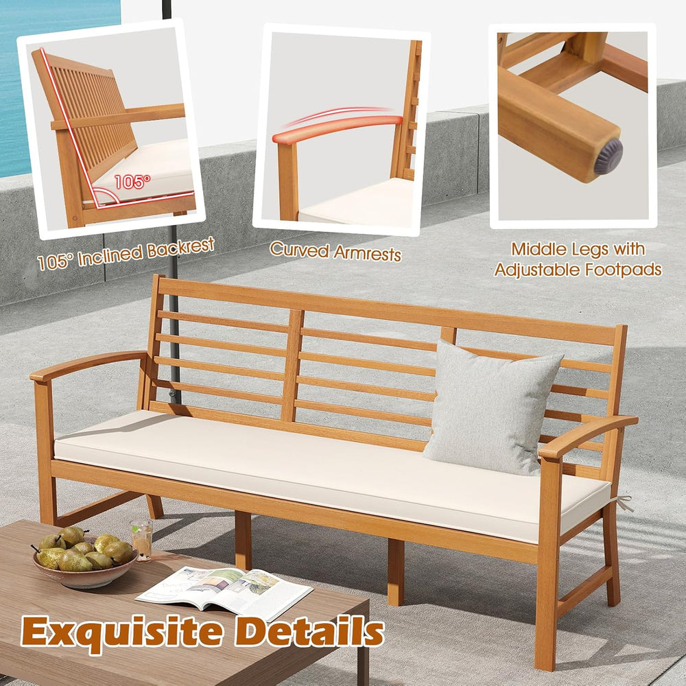 Tangkula 64 Inch Patio Acacia Wood Bench, 3-Seat Extra Long Chair with Cushio...
