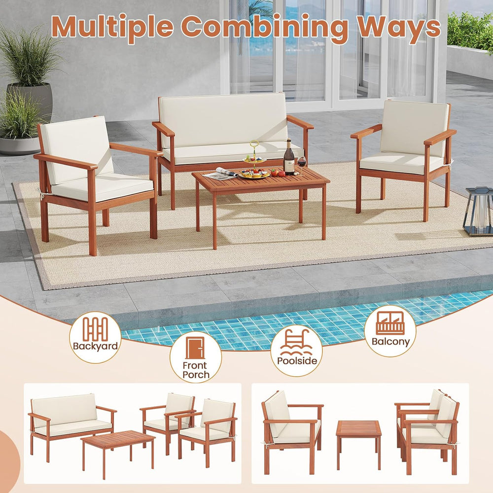Tangkula 4 Pieces Acacia Wood Patio Conversation Set, Outdoor Wooden Cushione...