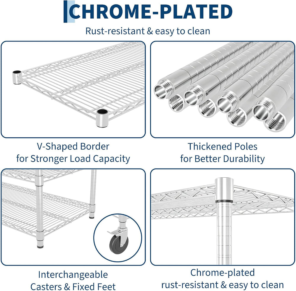 Garvee 59"W 5-Tier Heavy Duty 3250LBS Chrome Wire Shelving with Wheels