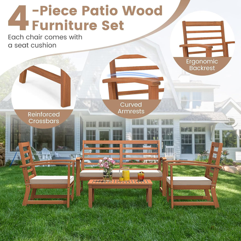Tangkula 4 Pieces Outdoor Furniture Set, Acacia Wood Conversation Set w/Soft ...