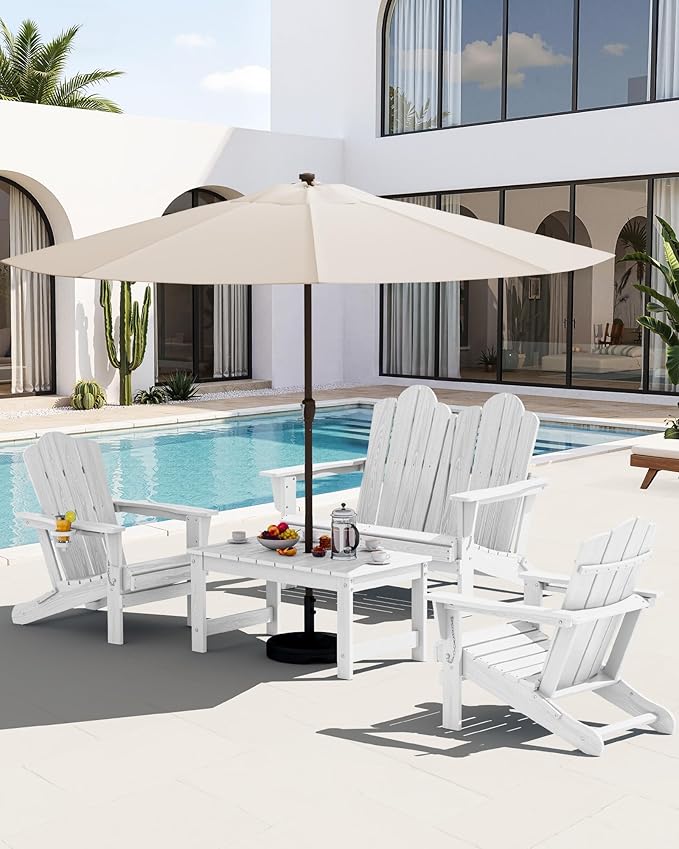 SERWALL Outdoor Coffee Table with 9FT Umbrella, HDPE Patio Coffee Table for O...